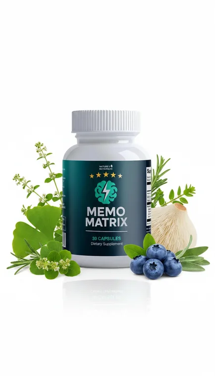 Memo Matrix nootropic capsule bottle surrounded by memory botanicals: ginkgo leaves, rosemary, sage, lion&rsquo;s mane and blueberries