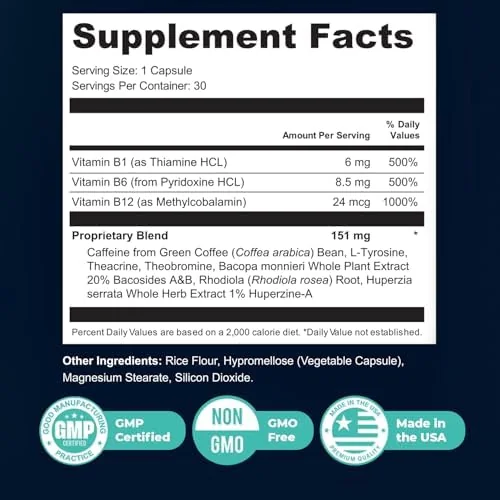 Memo Matrix Supplement Facts panel listing vitamin B1, B6, B12 and the 151 mg proprietary nootropic blend